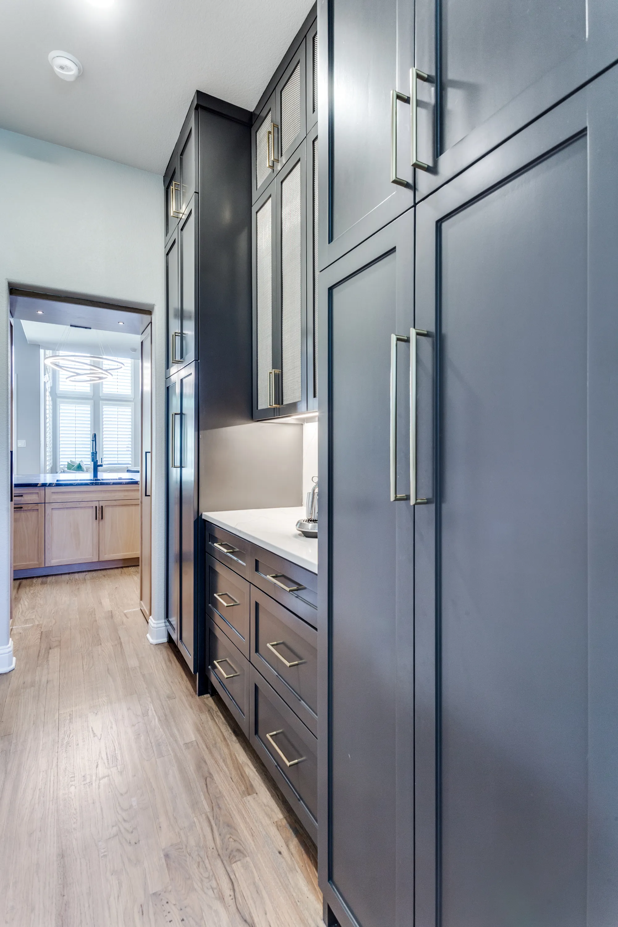 Butler's pantry corridor with floor-to-ceiling cabinetry and brass hardware